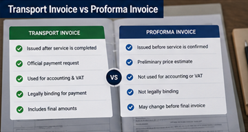 Comparação entre documentos de fatura de transporte e fatura proforma, mostrando diferenças de utilização