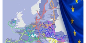 Rede Transeuropeia de Transportes (RTE-T) no mapa e na bandeira da Europa