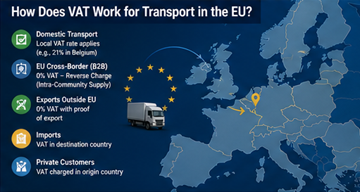 Conceito de IVA europeu para serviços de transporte mostrando logística transfronteiriça e regras fiscais